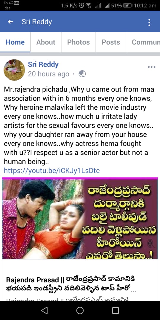 Sri Reddy Bf Sex - Sri Reddy Attacks Rajendra Prasad's Sought Sexual Favours | klapboardpost