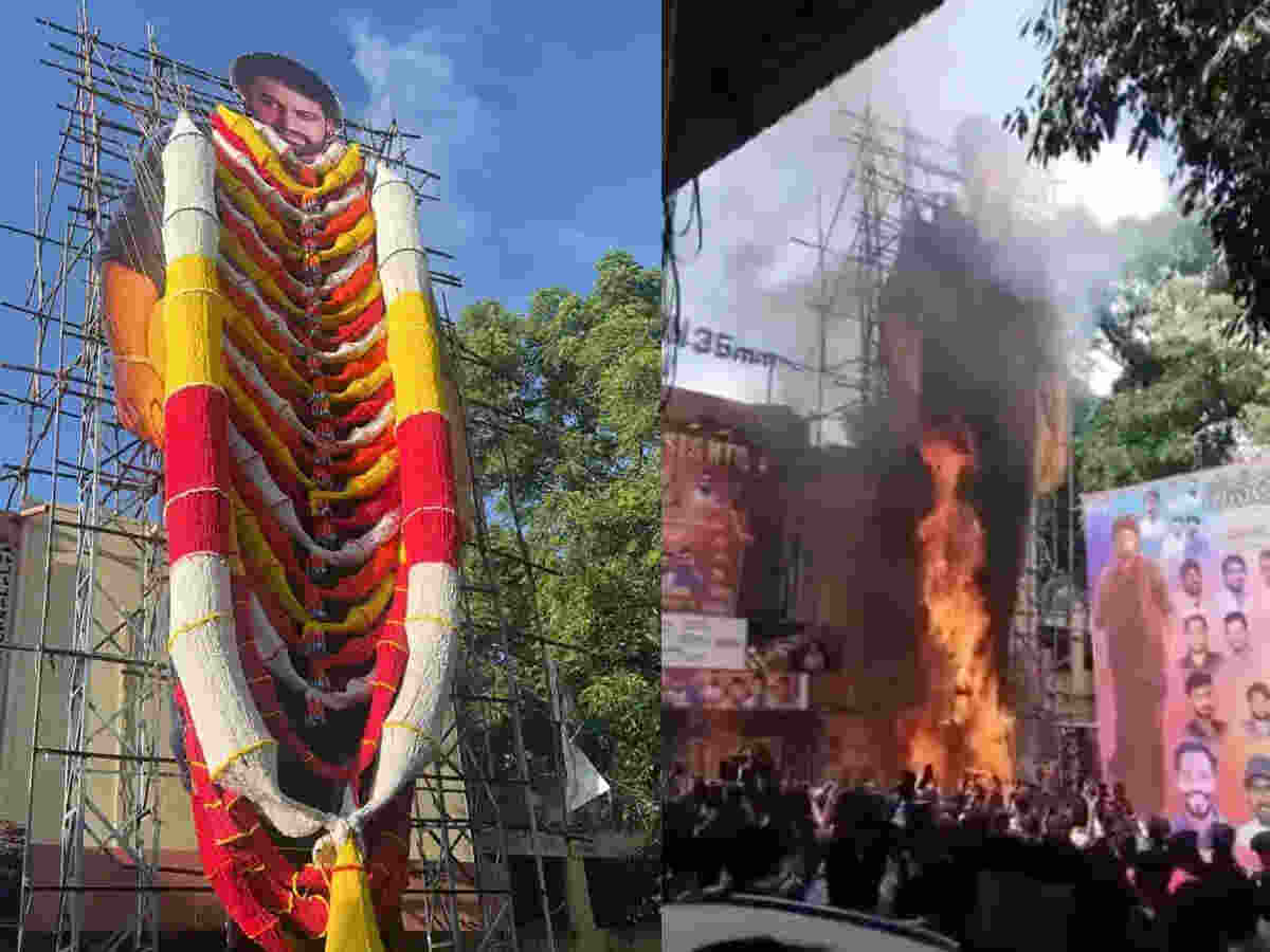 Jr NTR cutout catches fire during Devara celebrations at Sudharshan theatre